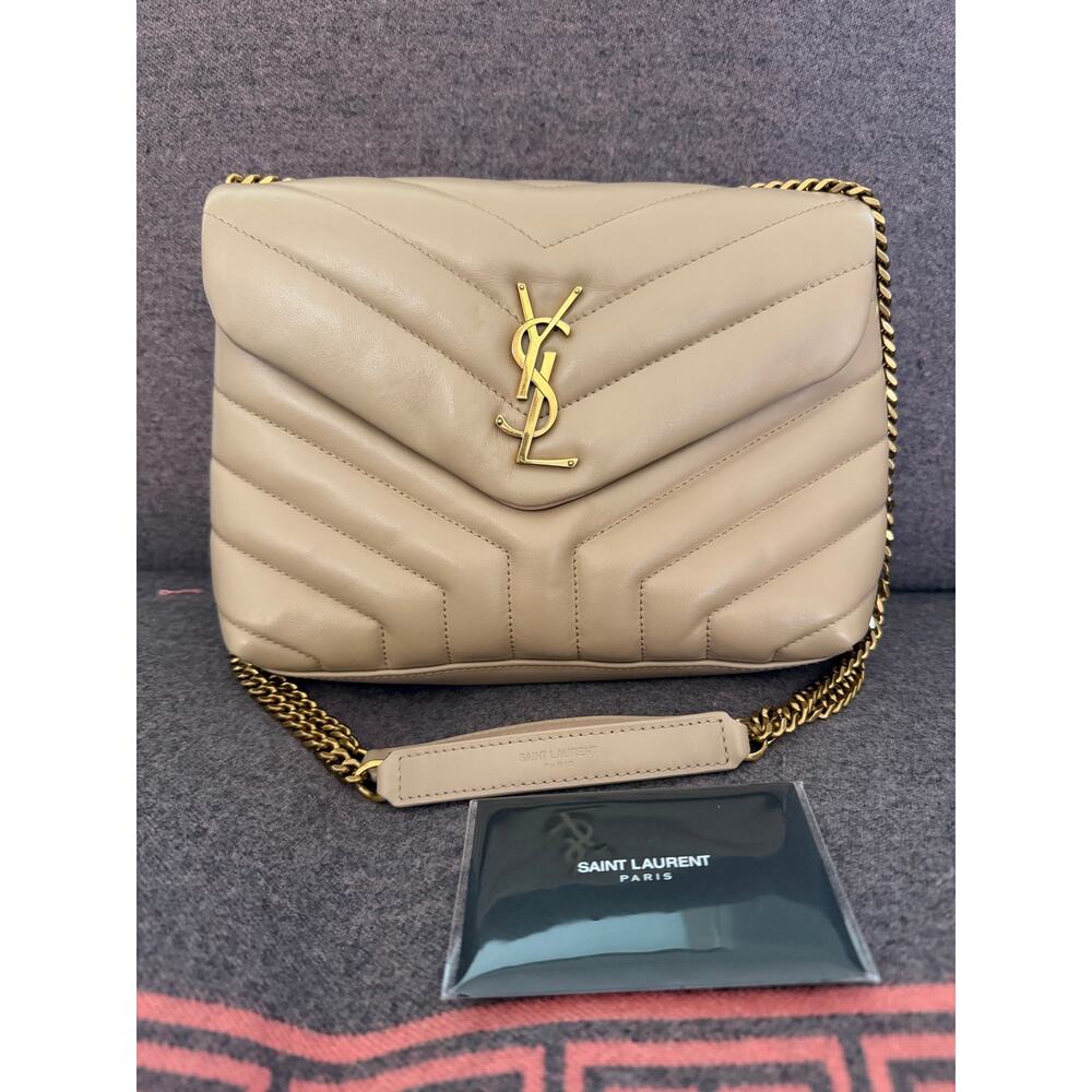 Saint Laurent LouLou Toy Logo Plaque Beige Women's Shoulder Bag